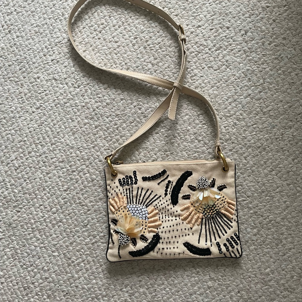 Maliparmi Beige and Black Beaded Flowery Crossbody Bag